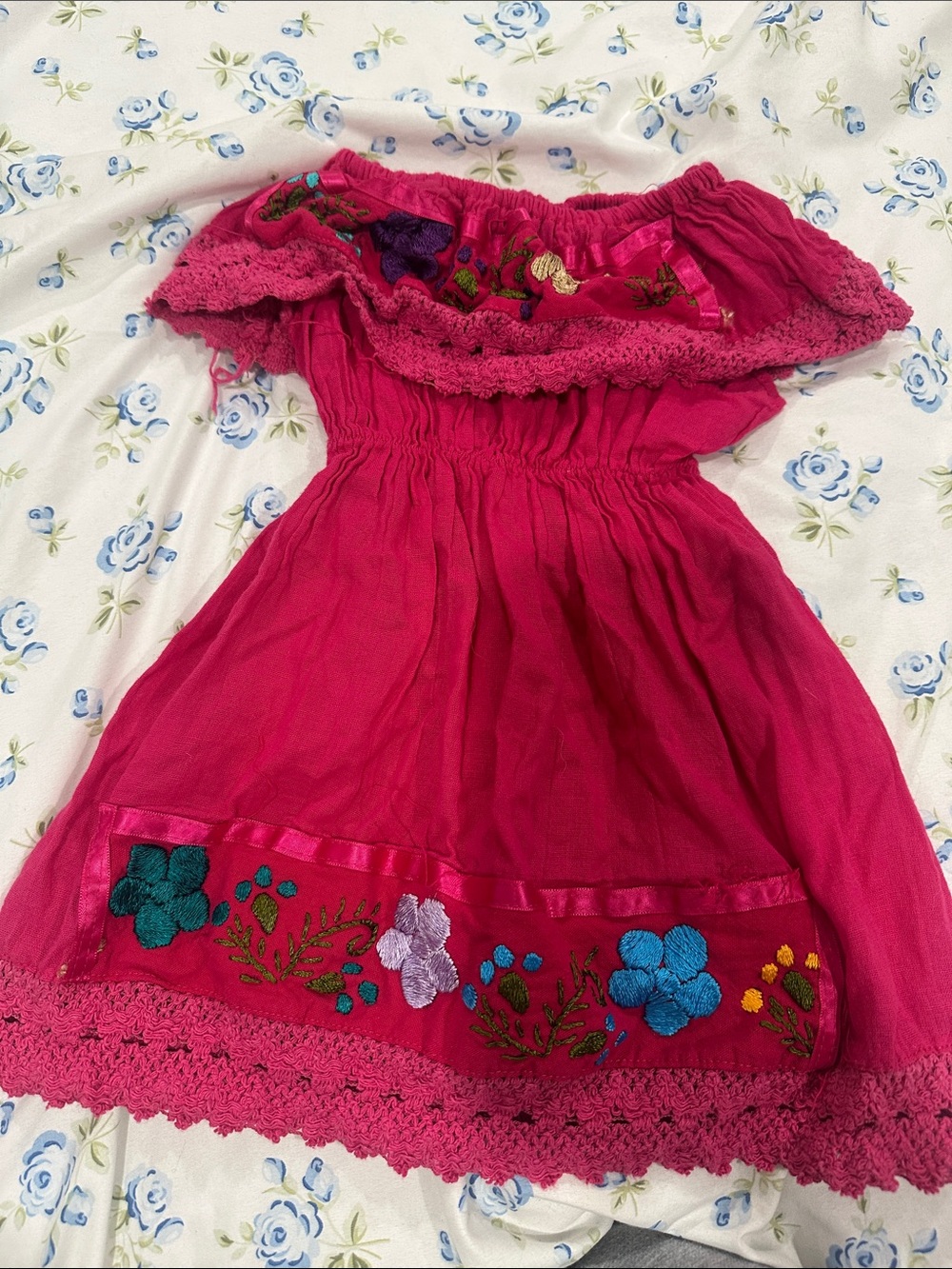 Girls' Hot Pink Off-Shoulder Embroidered Dress